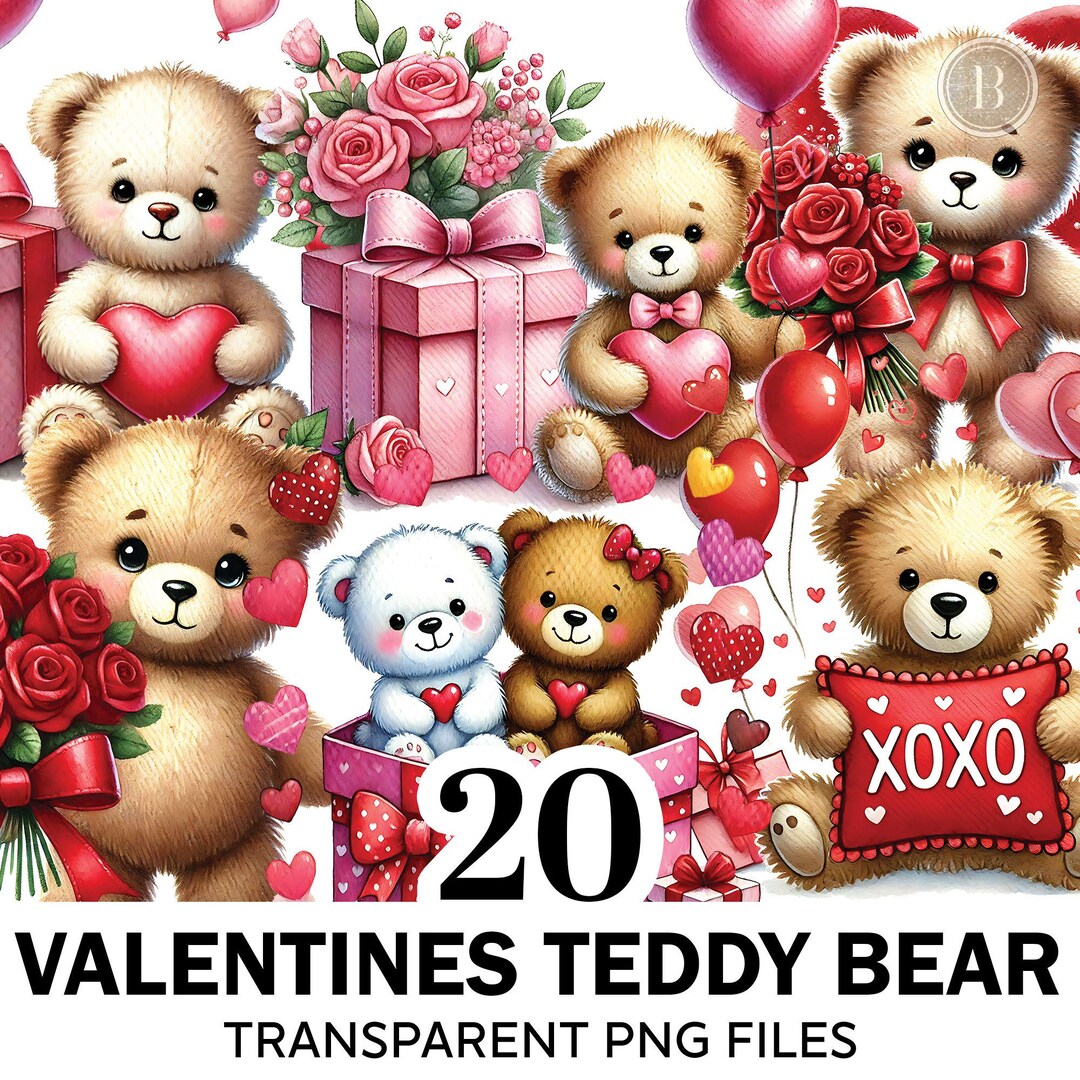 Watercolor Teddy Bear Clipart Bundle, 20 PNG Cute Teddy, Love Bears ...