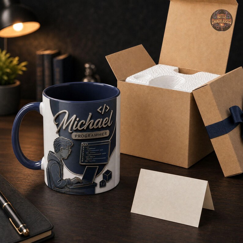 Peut inclure: Un mug en c&eacute;ramique blanc et bleu marine avec un graphisme en relief repr&eacute;sentant une personne codant sur un ordinateur, le pr&eacute;nom Michael, le mot Programmer et des symboles de code, pr&eacute;sent&eacute; &agrave; c&ocirc;t&eacute; d'une bo&icirc;te cadeau en carton brun.