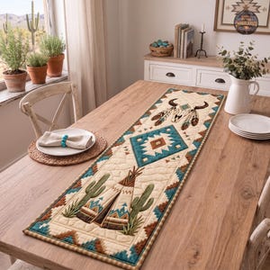 Southwest Tribal Quilt Table Runner, Turquoise Geometric Table Runner, Desert Boho Table Decor, Western Lodge Decor, Native American Gift