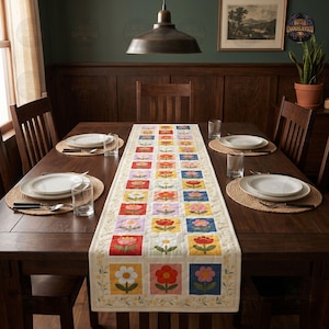 May include: A quilted table runner featuring a grid of colorful fabric squares, each displaying a unique flower motif in shades of red, yellow, blue, and lavender. The runner is centered on a dark wooden dining table with white plates and glasses.