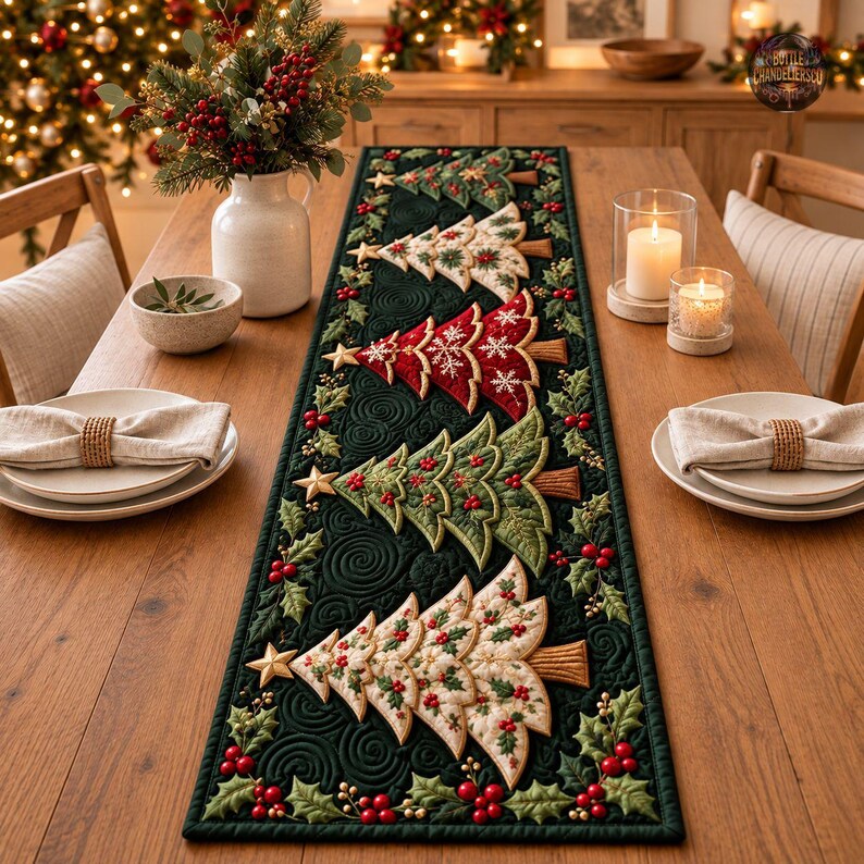 3D Christmas Trees Quilt Table Runner, Patchwork Pine Art Table Runner ...