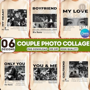 Op de afbeelding: Crèmekleurige T-shirts met verschillende fotocollages van koppels. Elk shirt heeft een ander ontwerp met tekst als "My Heart", "Boyfriend", "My Love", "Only You", "You & Me" en "Girlfriend". De ontwerpen bevatten fotoroosters en romantische citaten.