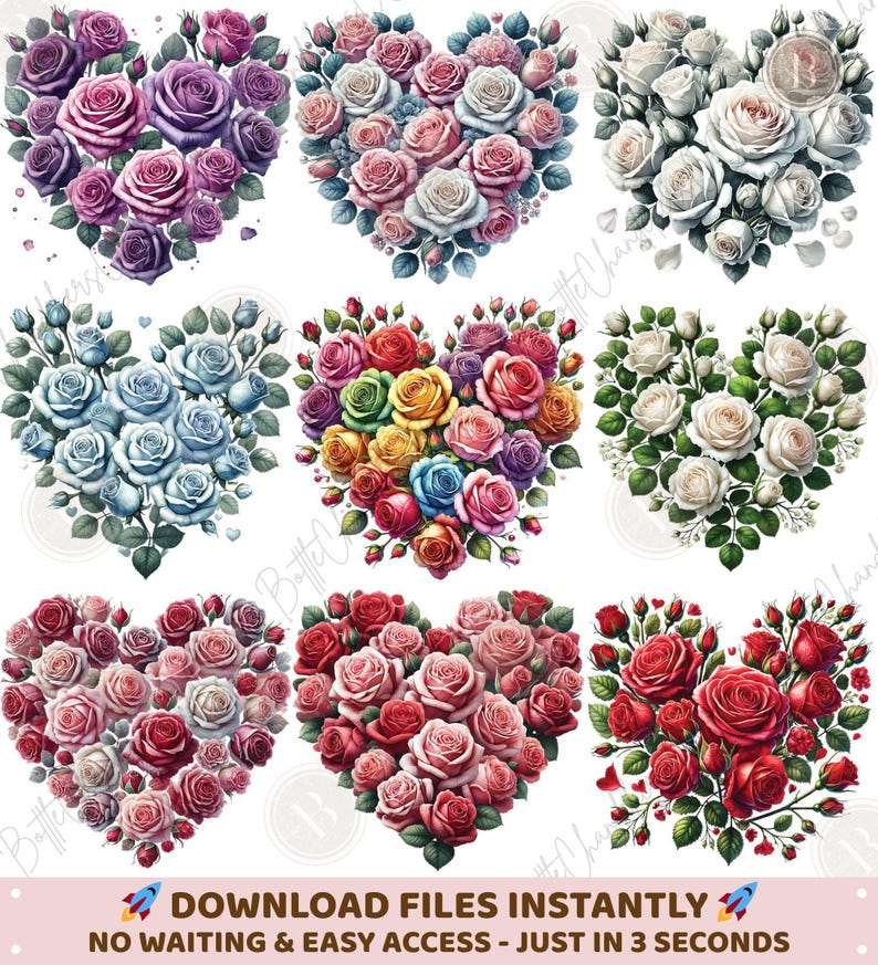 Watercolor Rose Heart Clipart Bundle, 20 PNG Floral Bouquets ...