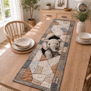 Baby Elephant Quilted Table Runner, Safari Nursery Table Runner, Patchwork Wildlife Table Decor, Rustic Jungle Decor, Elephant Lover Gift