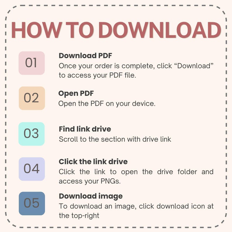Pu&ograve; includere: Una guida intitolata "COME SCARICARE" con passaggi numerati. I passaggi includono il download di un PDF, l'apertura del PDF, la ricerca di un'unit&agrave; di collegamento, il clic sull'unit&agrave; di collegamento e il download di un'immagine. Lo sfondo &egrave; beige chiaro con un bordo a puntini.