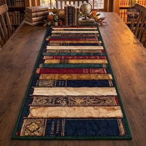 May include: A rectangular table runner featuring a printed pattern of vintage book spines in various colours including navy blue, deep red, forest green, and cream. The runner has a dark green border and a quilted texture throughout the fabric.