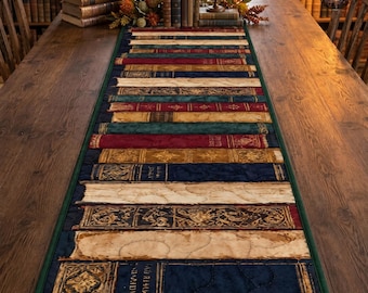 Antique Library Books Quilt Table Runner, Vintage Book Spines Table Decor, Bookworm Table, Librarian Gift, Classic Literary Decor