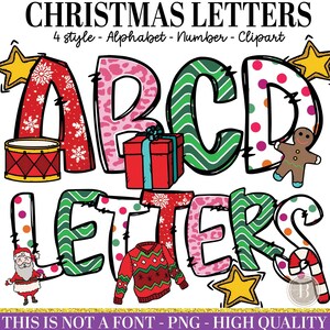 Christmas Letters Png Bundle, 4 PNG Doodle Alphabet, Christmas Tree Png, Gingerbread Png, Merry Christmas Png Bundle, Christmas Font Png
