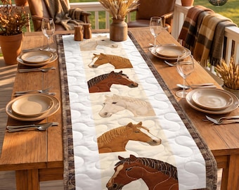 Equestrian Western Quilt Table Runner, Realistic Horse Portrait Table Decor, Rustic Farmhouse Horse Table, Horse Lover Gift, Country Decor