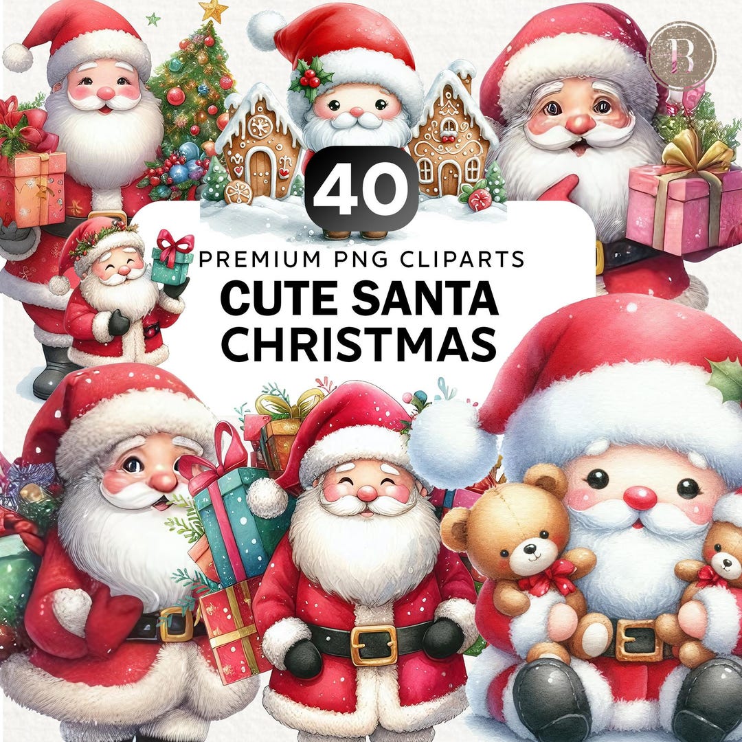 40 Watercolor Cute Santa Bundle, Christmas Cute Santa Claus Clipart Png ...