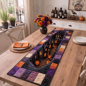 Puede incluir: Un camino de mesa acolchado rectangular con un diseño central impreso con efecto 3D de un pueblo espeluznante con casas iluminadas, calabazas y un camino empedrado, bordeado por un patrón de patchwork de cuadrados de tela negros, morados y naranjas.