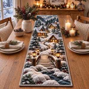 May include: A rectangular table runner featuring a printed winter scene of snow-covered cabins, pine trees, and a wooden bridge illuminated by glowing lanterns. The runner is centred on a wooden table with place settings and a floral centrepiece.
