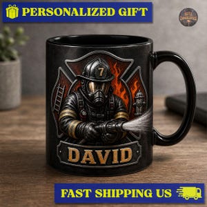 May include: A black ceramic mug featuring a graphic of a firefighter in full gear with a helmet marked with the number 7, holding a hose spraying water. The design includes a fire emblem background and the name DAVID in gold lettering.