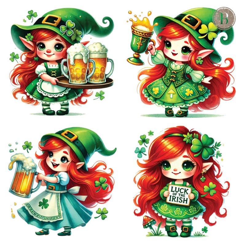 May include: Four illustrations of a cartoon leprechaun girl with red hair wearing a green hat and dress. The leprechaun girl is holding a beer mug, a goblet, a beer tray with two mugs, and a sign that reads 'Luck of the Irish'.
