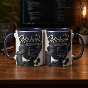 Peut inclure: Deux tasses en c&eacute;ramique blanche avec int&eacute;rieur et anse bleu fonc&eacute;. Chaque tasse pr&eacute;sente un graphisme d'une personne codant sur un ordinateur portable, le texte Michael, le mot PROGRAMMER, un symbole de balise et une ic&ocirc;ne de cube.