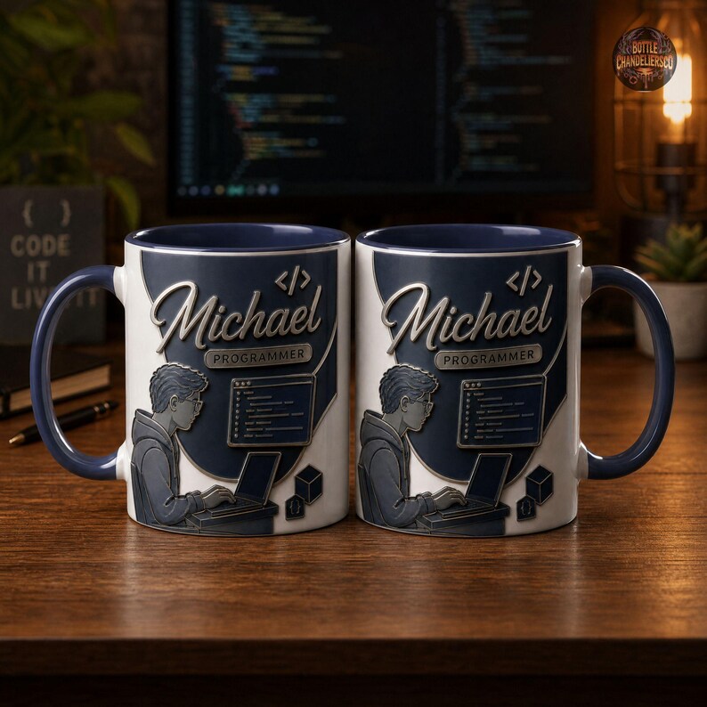 Peut inclure: Deux tasses en c&eacute;ramique blanche avec int&eacute;rieur et anse bleu fonc&eacute;. Chaque tasse pr&eacute;sente un graphisme d'une personne codant sur un ordinateur portable, le texte Michael, le mot PROGRAMMER, un symbole de balise et une ic&ocirc;ne de cube.