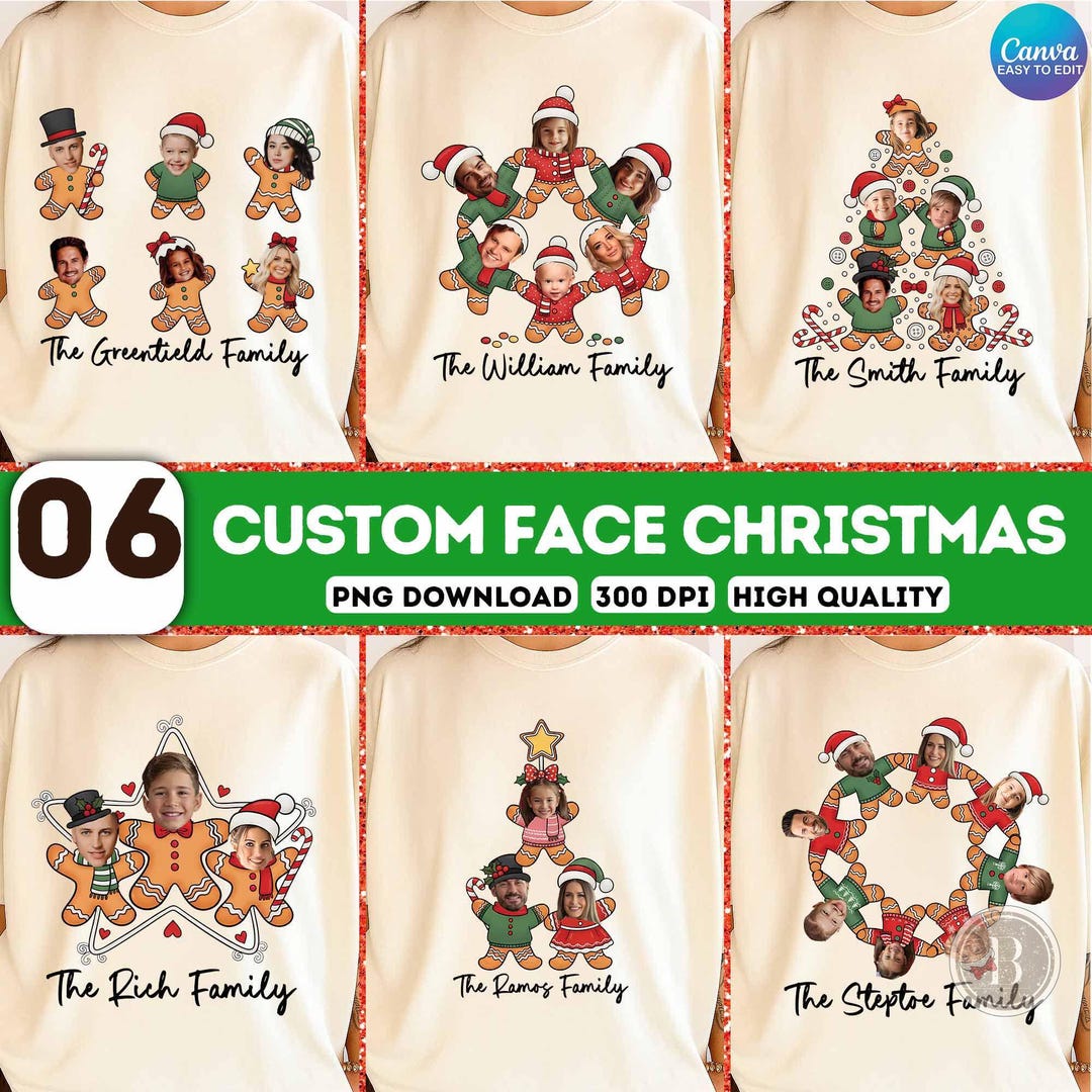 Custom Gingerbread Face Png Bundle, 6 PNG Family Holiday, Christmas ...