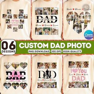 Pu&ograve; includere: Sei modelli di magliette color crema con foto personalizzate per la festa del pap&agrave;. Ogni maglietta presenta un design unico con foto di famiglia, la parola "DAD" e nomi. I design includono cuori e collage, perfetti per la festa del pap&agrave;.
