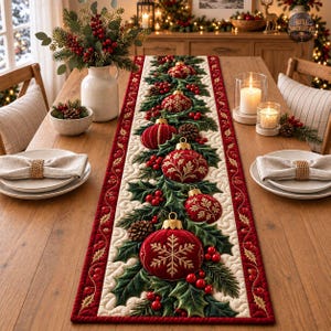 Puede incluir: Un camino de mesa acolchado rectangular con un diseño central de adornos navideños rojos, hojas de acebo verdes, ramas de pino y bayas rojas sobre un fondo crema, bordeado por un ribete rojo con motivos bordados de acebo y bayas.