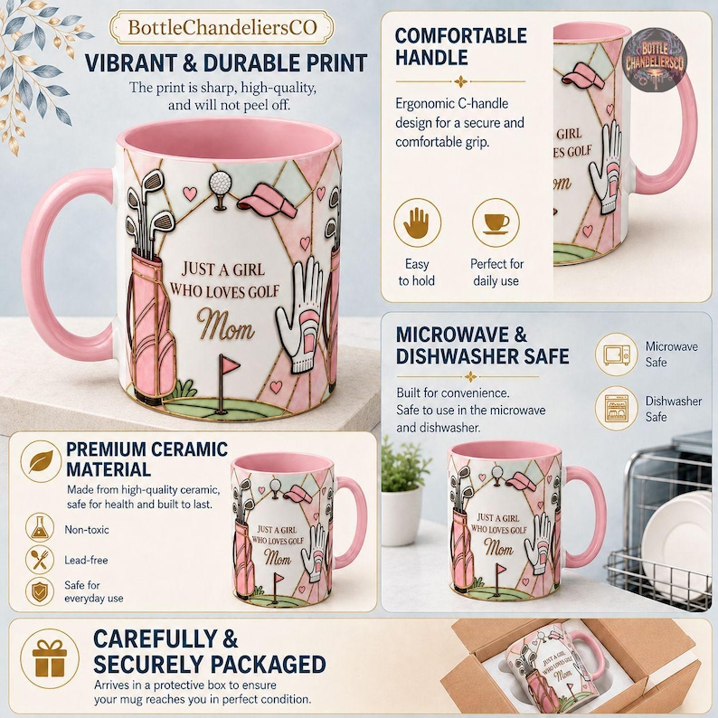 Peut inclure: Un mug en c&eacute;ramique avec une anse et un int&eacute;rieur roses, orn&eacute; d'un motif sur le th&egrave;me du golf comprenant un sac, des clubs, une balle et un gant. Le texte indique Just a Girl Who Loves Golf Mom. Le design pr&eacute;sente un motif g&eacute;om&eacute;trique rose et vert.