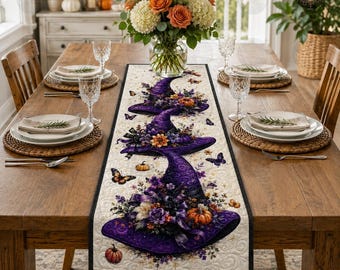 Witch Hat Stack Quilt Table Runner, Purple Halloween Table Runner, Spooky Floral Table Decor, Gothic Autumn Decor, Witch Lover Gift