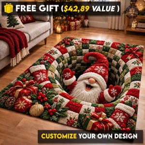 May include: A rectangular area rug featuring a 3D-style optical illusion of a hole in a red and green checkered pattern. A smiling Santa Claus figure emerges from the centre, surrounded by red gift boxes, stockings, and gold ornaments.