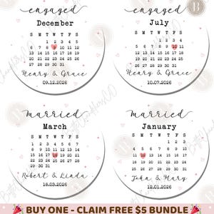 May include: Four circular wedding announcement designs with calendar dates for December, July, March, and January. Each design includes names and the date of the event. The text "engaged" and "married" are at the top of the designs.