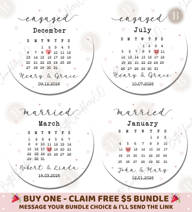 May include: Four circular wedding announcement designs with calendar dates for December, July, March, and January. Each design includes names and the date of the event. The text "engaged" and "married" are at the top of the designs.