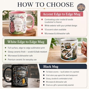 Peut inclure: Un guide produit intitul&eacute; HOW TO CHOOSE pr&eacute;sentant trois styles de tasses en c&eacute;ramique. La premi&egrave;re est une tasse &agrave; accents roses avec des graphismes de golf et du texte. La deuxi&egrave;me est une tasse blanche avec des illustrations de p&ecirc;che. La troisi&egrave;me est une tasse noire avec des graphismes d'engrenages m&eacute;caniques et le nom PAUL.