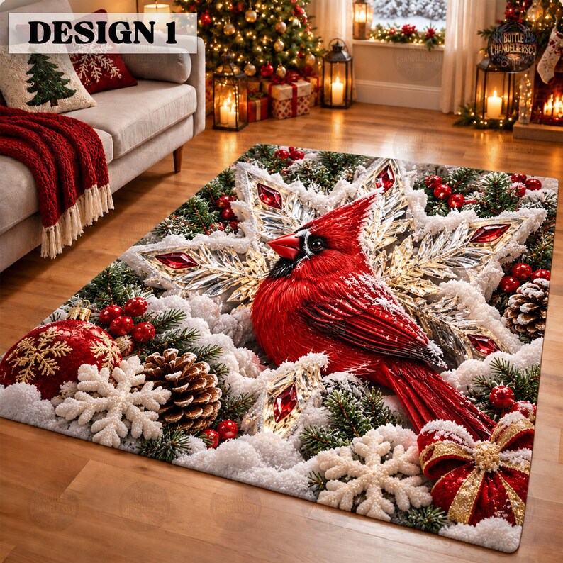 3D Christmas Cardinal Bird Area Rug, Red Cardinal Runner Rug, Winter ...