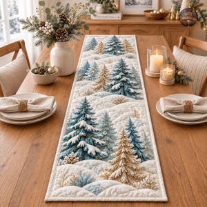 Puede incluir: Un camino de mesa acolchado rectangular con un estampado de paisaje invernal que muestra colinas cubiertas de nieve y un bosque de pinos azules y dorados. La tela tiene un fondo de color crema con patrones de costura detallados en toda la superficie.