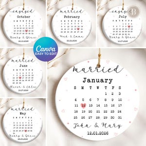 Custom Calendar Canva Template, 6 Ornament Designs Custom Married, Wedding Date Editable, Anniversary Gift Png, Wedding Gift Ornament