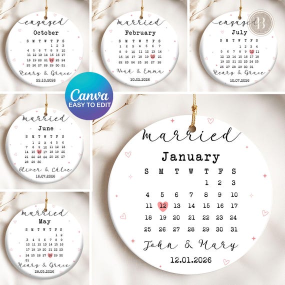 Custom Calendar Canva Template, 6 Ornament Designs Custom Married, Wedding Date Editable, Anniversary Gift Png, Wedding Gift Ornament
