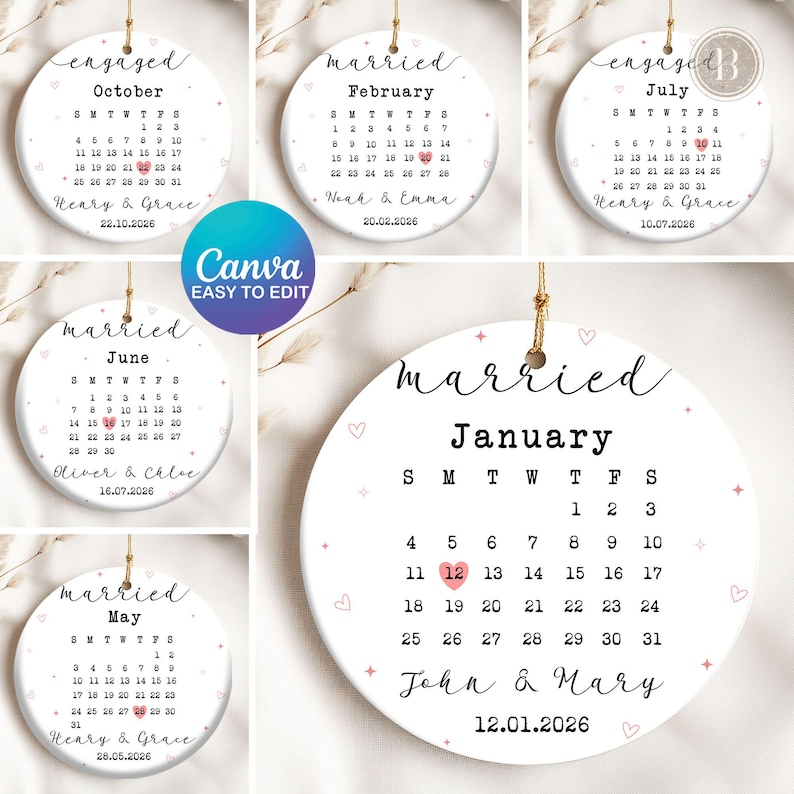 May include: White ceramic ornament with a calendar design, featuring months like October, February, July, June, May, and January. Each ornament displays a highlighted date, names, and a year, perfect for commemorating special occasions. The ornaments are adorned with small pink hearts.