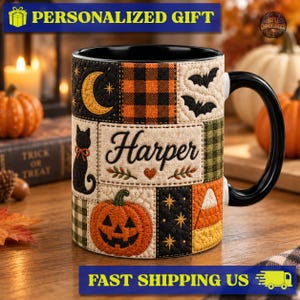 Personalized Halloween Mug, Quilted Patchwork Vibes Coffee Mug, Black Cat Pumpkin Gift, Cozy Spooky Season Mug, Vintage Halloween Quilt