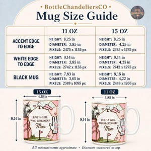 Peut inclure: Un guide des tailles de mugs de BottleChandeliersCO affichant les dimensions en pouces et pixels pour des mugs de 11 oz et 15 oz. Sous le tableau, deux mugs en c&eacute;ramique blanche pr&eacute;sentent un motif de golf et le texte Just a girl who loves golf Mom.