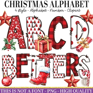 Christmas Alphabet Png Bundle, 4 PNG Red Christmas, Santa Claus Png, Christmas Font Png, Holiday Png Bundle, Gingerbread Png