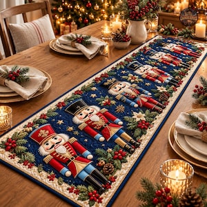 May include: A rectangular quilted table runner featuring a repeating pattern of nutcracker figures in red, blue, and gold uniforms. The design includes festive greenery, red berries, and white poinsettia flowers on a deep blue background.