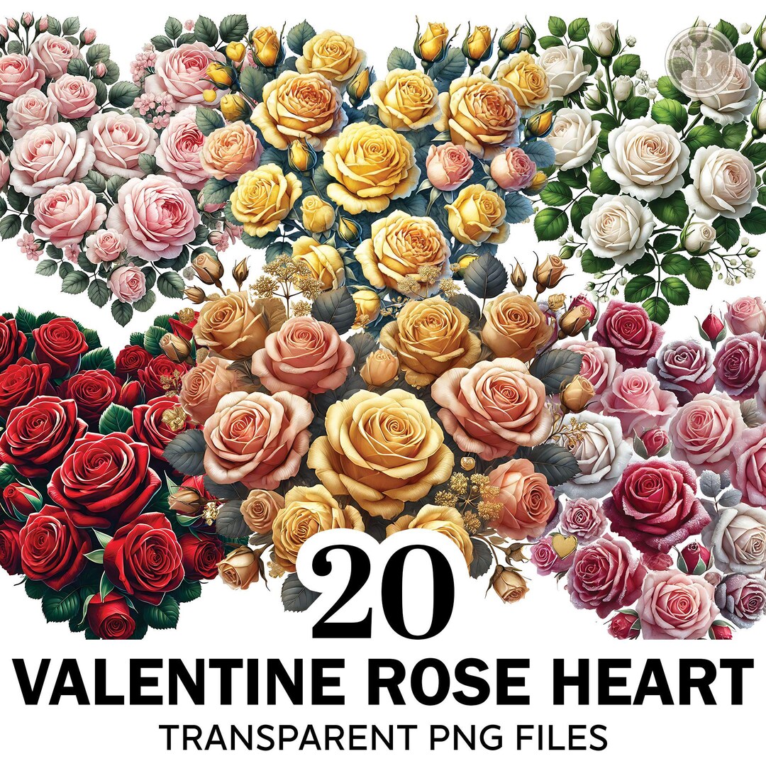 Watercolor Rose Heart Clipart Bundle, 20 PNG Floral Bouquets ...