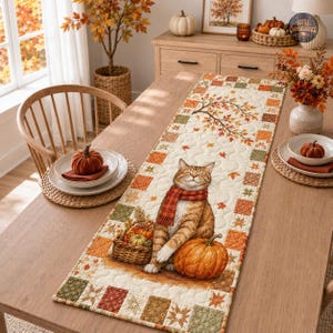 May include: A rectangular quilted table runner featuring a central illustration of an orange tabby cat wearing a red plaid scarf, sitting next to a woven basket of pumpkins and a large orange pumpkin, surrounded by autumn leaves and a patchwork border.