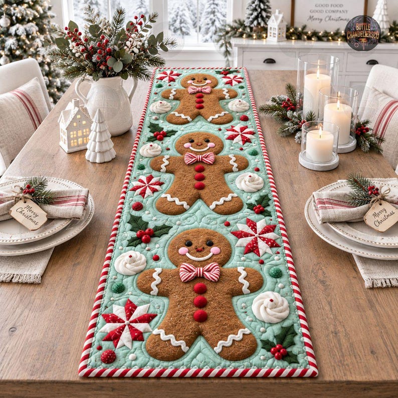 3D Gingerbread Man Quilt Table Runner, Mint Candy Cane Art Table Runner ...