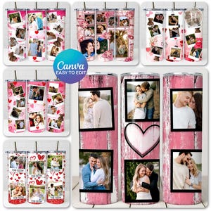 May include: A collection of personalized photo tumblers with various designs. Some feature multiple photos, hearts, and the text "Your Custom". Others have a pink background with photos and teddy bears. The Canva logo is visible.