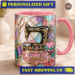 Custom Sewing Room Stained Glass Mug, Sewing Lover Coffee Mug, Personalized Sewing Decor Mug, Vintage Sewing Art Mug, Crafter Keepsake Gift