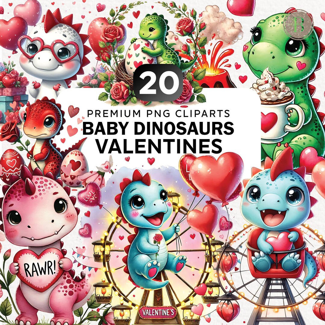 20 Watercolor Baby Dinosaurs Valentines Clipart Bundle, Dinosaurs ...