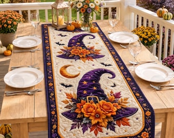 Floral Witch Hat Quilt Table Runner, Autumn Magic Table Runner, Crescent Moon Table Decor, Purple Halloween Decor, Witch Lover Gift