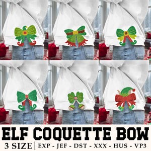 May include: A white hoodie featuring six festive bow designs in green, red, and gold, with glitter detailing. The image includes the text "ELF COQUETTE BOW" and file type information at the bottom.