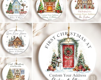 May include: White ceramic Christmas ornaments with various designs. Each ornament features the text "First Christmas At" or "First Christmas In Our New Home", along with customizable text and the year 2025. Designs include houses, fireplaces, and a snowman.