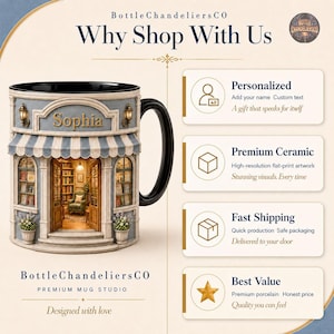 Peut inclure: Un mug en c&eacute;ramique avec une impression 3D repr&eacute;sentant une devanture de librairie portant le nom Sophia au-dessus de l'entr&eacute;e. Le texte Why Shop With Us accompagne quatre sections d&eacute;taillant la personnalisation, la c&eacute;ramique, l'exp&eacute;dition et la valeur.