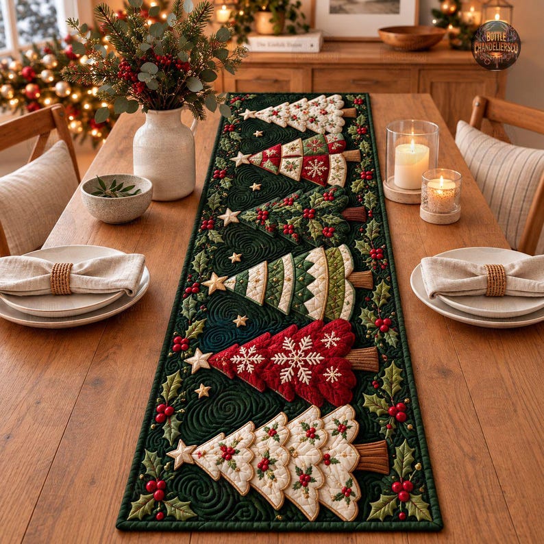 3D Christmas Trees Quilt Table Runner, Patchwork Pine Art Table Runner ...