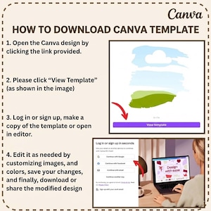Pu&ograve; includere: Una guida su come scaricare un modello Canva, con istruzioni passo passo. L'immagine mostra un laptop con un design, un pulsante "View Template" e opzioni di accesso. Il testo recita "HOW TO DOWNLOAD CANVA TEMPLATE".